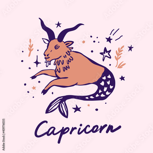 Capricorn zodiac sign cute whimsical flat astrological art illustration 