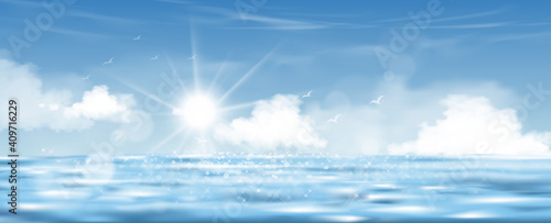 Blue sky with Sun shinung on the sea,Vector Horizon natural of Blue ocean with sky and fluffy clouds.Concept for spring and summer seasonal bright in morning