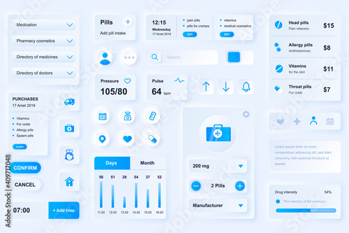 User interface elements for medical mobile app. Unique neumorphic design UI, UX, GUI, KIT elements template. Neumorphism style. Different form, components, button, menu, medicine vector icons.