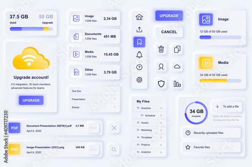User interface elements for cloud technology mobile app. Unique neumorphic design UI, UX, GUI, KIT elements template. Neumorphism style. Different form, components, button, menu, vector icons.