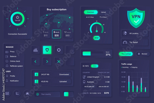 User interface elements for VPN service mobile app. Unique neumorphic design UI, UX, GUI, KIT elements template. Neumorphism style. Different form, components, button, menu, VPN vector icons.