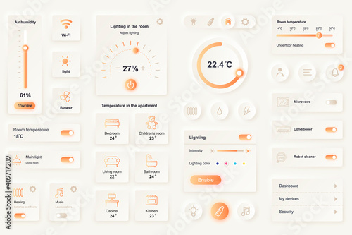 User interface elements for smart home mobile app. Unique neumorphic design UI, UX, GUI, KIT elements template. Neumorphism style. Different form, components, button, menu, vector icons.