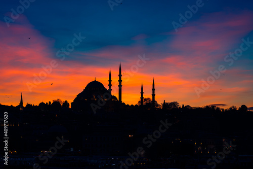 Silhouette of Suleymaniye Mosque and Golden Horn. Istanbul background photo. Ramadan in Istanbul. Islamic background. 