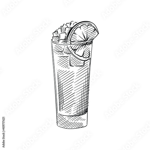 Hand drawn sketch of Cocktail drink in highball glass with lemon and ice on a white background. Cocktail drinks. Drinks in cocktail glasses. Alcohol beverages