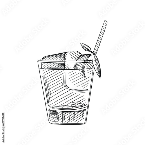 Hand drawn sketch of Cocktail drink in rocks glass with a straw on a white background. Cocktail drinks. Drinks in cocktail glasses. Alcohol beverages