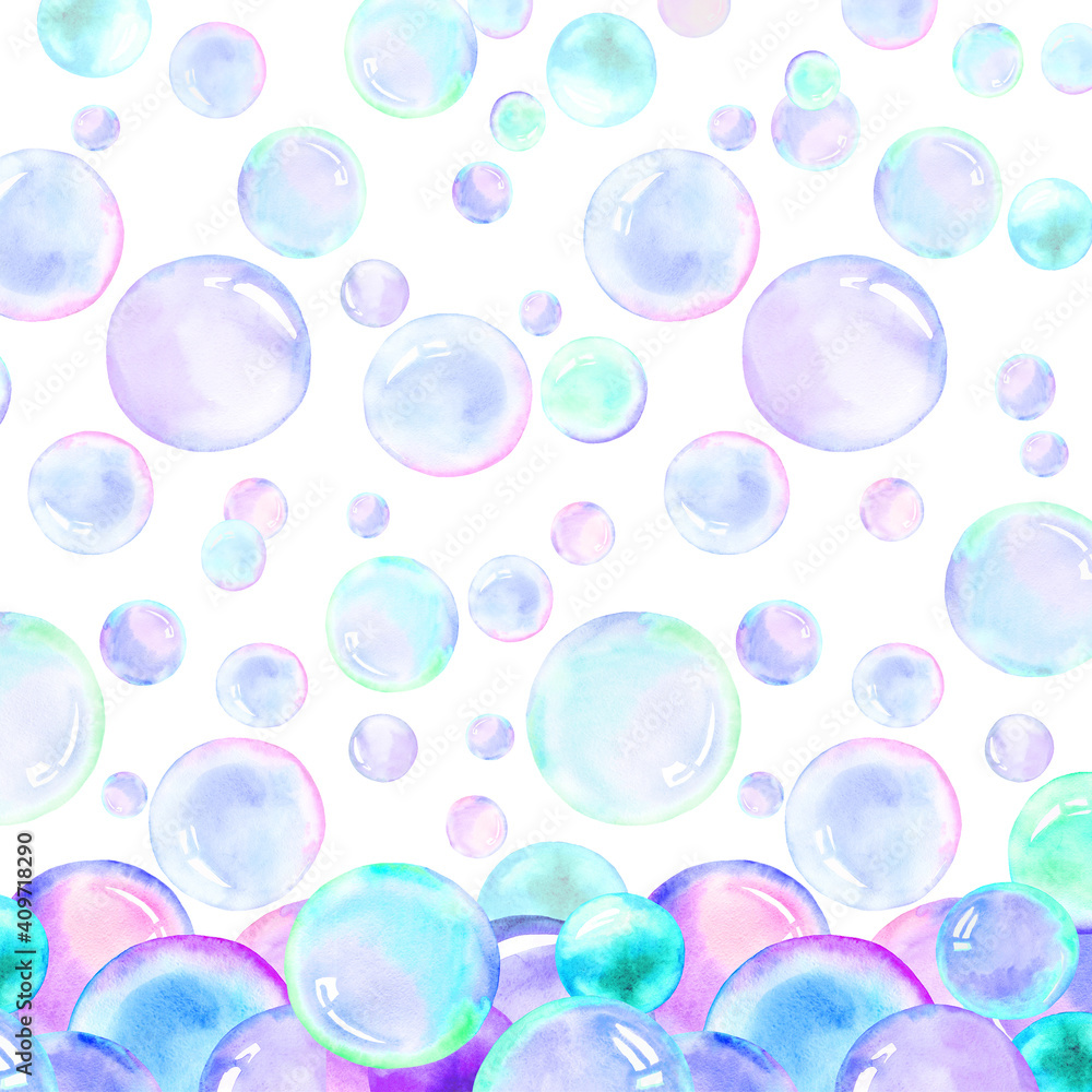 Watercolor rainbow bubbles background . Soap circles shapes , texture. Polka dot background, paper, backdrop, party, birthday, card