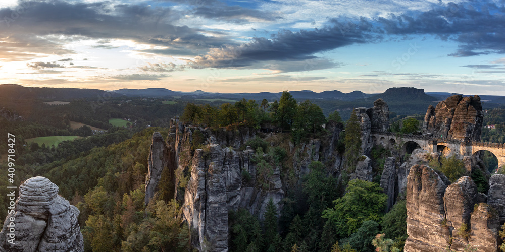Fototapeta premium Panorama of the Bastei bridge at the Bastei sandstone mountains