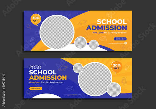 School admission social media banner template. Digital web banner or cover design for kids & student online admission. New year back to school promotion banner with logo & icon for education business.