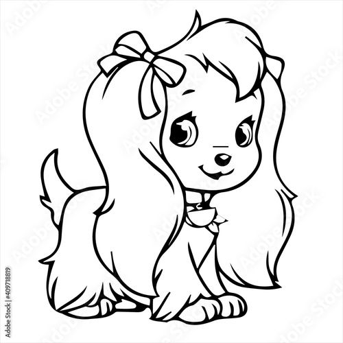 Pretty Puppy Dog coloring page Design for Kids Children preschool stock vector style illustration