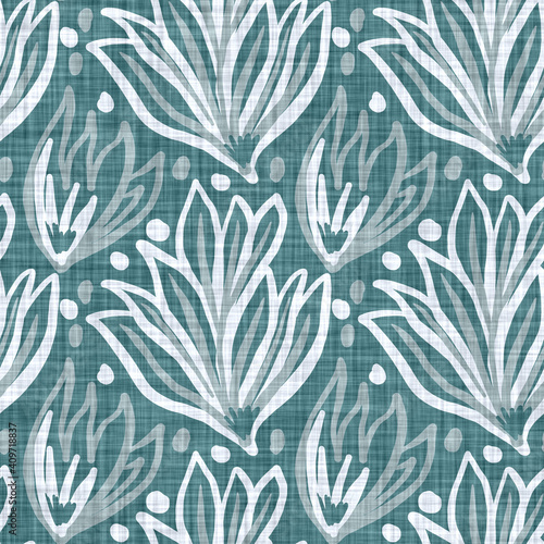 Aegean teal mottled flower linen texture background. Summer coastal living style 2 tone fabric effect. Sea green wash distressed grunge material. Decorative floral motif textile seamless pattern 