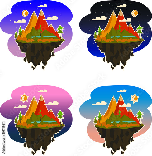 Flying islands with mountains, pine trees and lake. Sun, night moon and stars Cartoon flat illustration. Times of Day