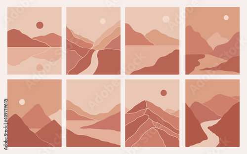 Modern minimalist abstract mountain landscapes aesthetic illustrations. Bohemian style wall decor. Collection of contemporary artistic prints