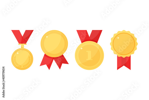Sport trophy vector medals with ribbon, golden award, champion icons isolated on white background. Colored illustration