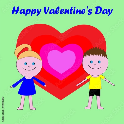 Happy valentine's day. Boy and girl on the background of a large multi-colored heart.