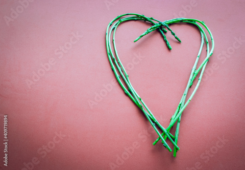 Bouquet of heart-shaped asparagus on a pink background.