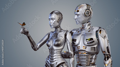 3d render of two futuristic robots man and woman carefully looking at the butterfly sitting on female's forefinger. Upper bodies isolated on color background 