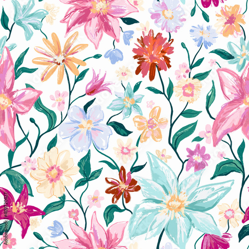 Floral botanical seamless pattern with colorful flowers and leaves. Feminine colorful cute hand drawn illustration on white. Texture for print  fabric  textile  wallpaper.
