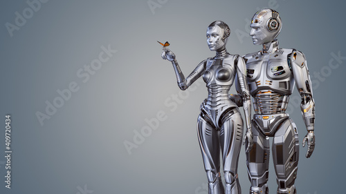 3d render of two futuristic robots man and woman carefully looking at the butterfly sitting on female's forefinger. Upper bodies isolated on color background  © Mykola