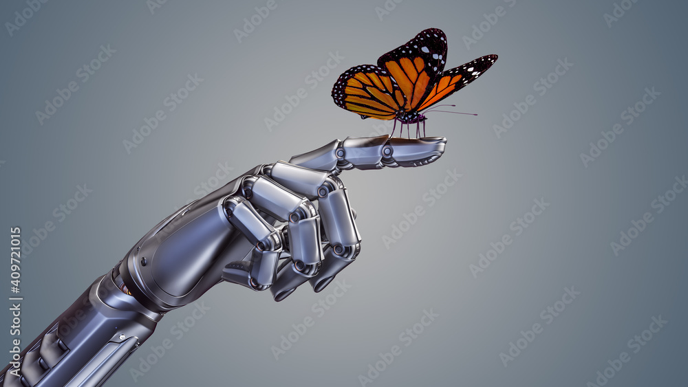 3d render of an orange butterfly sitting on a detailed robotic forefinger. Isolated on color background