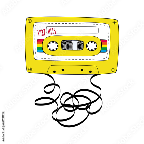Yellow Compact tape cassette. Retro audio cassette tape in doodle style isolated on a white background. Vector black and white illustration for web banners, advertisements, stickers, labels, t-shirt