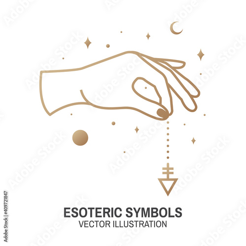 Esoteric symbols. Vector. Thin line geometric badge. Outline icon for alchemy or sacred geometry. Mystic and magic design with hand, stars, planets and moon.
