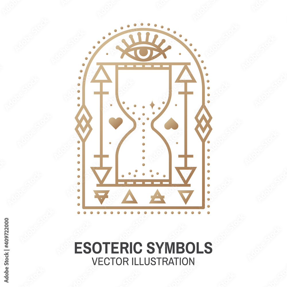 Esoteric symbols. Vector. Thin line geometric badge. Outline icon for alchemy or sacred geometry. Mystic and magic design with all-seeing eye and hourglass Esoteric symbols. Vector. Thin line geometric badge. Outline icon for alchemy or sacred geometry. Mystic and magic design with all-seeing eye and hourglass