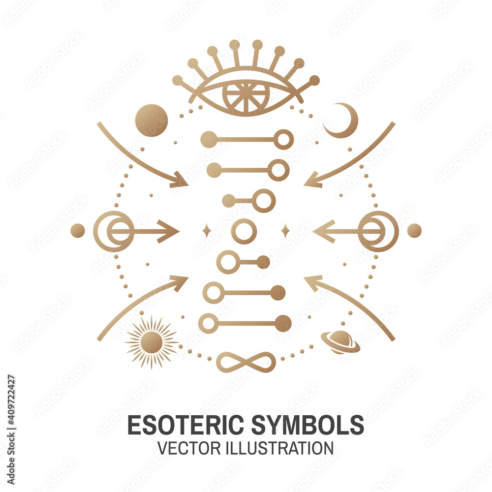 Esoteric symbols. Vector. Thin line geometric badge. Outline icon for alchemy or sacred geometry. Mystic and magic design with all-seeing eye and dna.