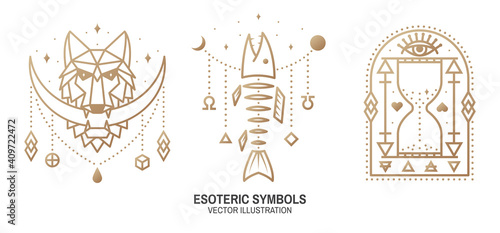Esoteric symbols. Vector Thin line geometric badge. Outline icon for alchemy or sacred geometry. Mystic and magic design with moon in the mouth of a wolf, Fish bone, all-seeing eye and hourglass