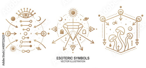 Esoteric symbols. Vector. Thin line geometric badge. Outline icon for alchemy or sacred geometry. Mystic and magic design with alchemy symbols, all-seeing eye, crystals, dna and mushrooms