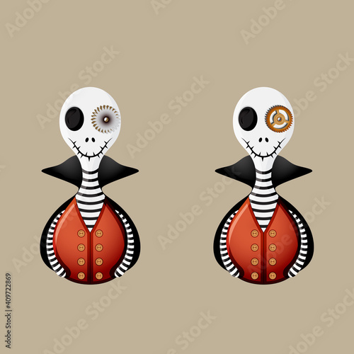 Funny Halloween greeting card with cute monster. Happy Halloween! Trick or Treat! Funny cartoon sceleton on dark background. Vector isolated illustration