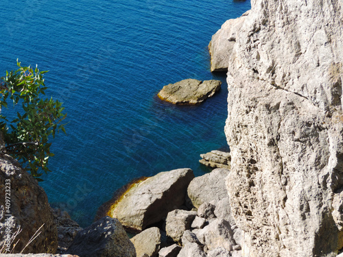 Mountain sea bay panorama. Sea bay in mountains. Mountain sea bay view.