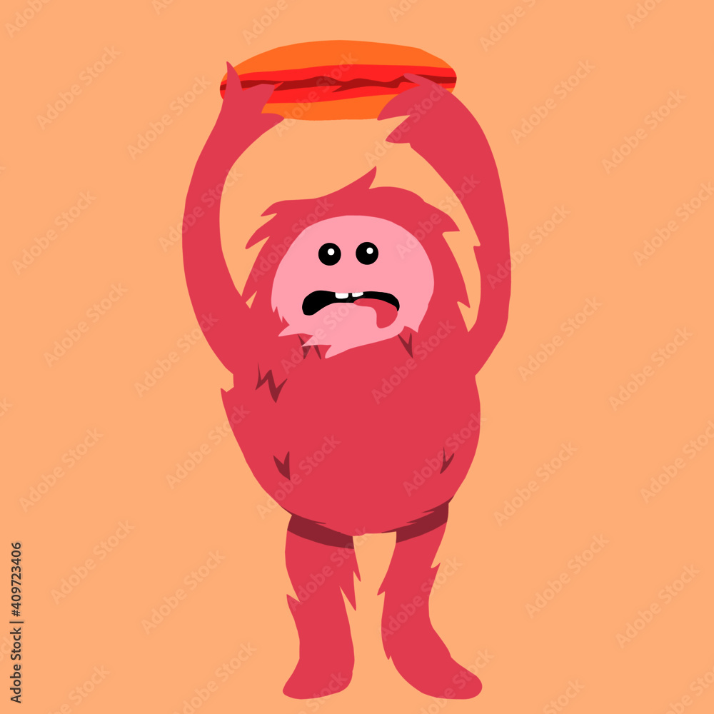 Fototapeta premium cute bigfoot monster cartoon character holding food, illustration design