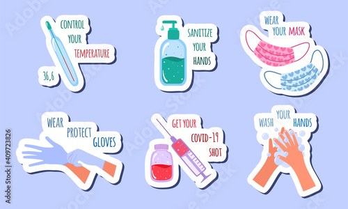 Stickers Set of prevention coronavirus covid-19 measures. Posters with New normal lifestyle. Vector illustration for web, print, scrapbook, card,ect. Healthcare. Global viral pandemic
