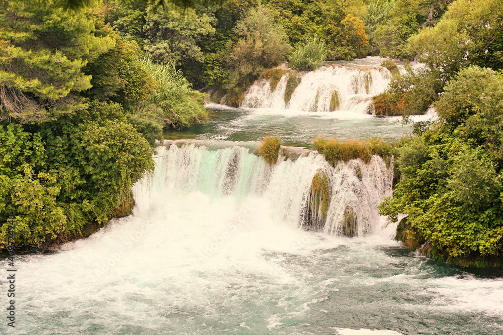 Krka National Park in Croatia. Waterfalls and lake in the park. 