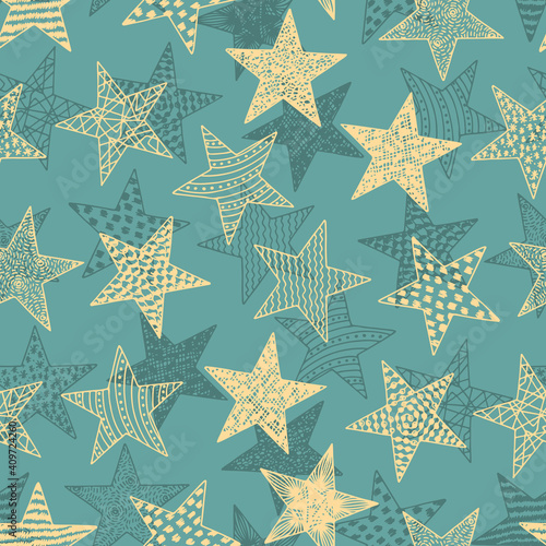 Stars - Vector Seamless pattern. Colorful Stars with different patterns. Hand drawn doodle Stars. 
