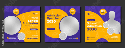 New year school admission social media post template. Back to school web banner for kids & student online education promotion. Business marketing flyer design with logo, icon & abstract background.