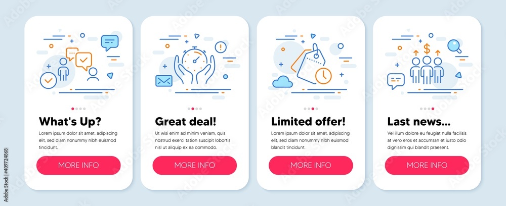 Set of Education icons, such as Consulting business, Time management, Timer symbols. Mobile app mockup banners. Meeting line icons. Team meeting, Clock tags, Deadline management. Vector