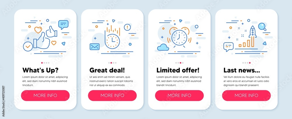 Set of Business icons, such as Like, Time management, Fast delivery symbols. Mobile app mockup banners. Development plan line icons. Thumbs up, Alarm clock, Stopwatch. Strategy. Like icons. Vector