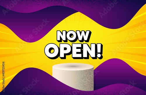 Now open. Abstract background with podium platform. Promotion new business sign. Welcome advertising symbol. Dotted offer podium banner. Dotwork platform background. Now open text. Vector