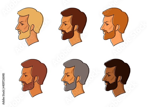 Men avatars with stylish hairstyle and beard. vector icons. Profile portraits of handsome men. brunette and blonde. Different nationalities. Cartoon style