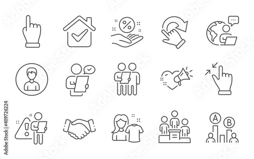 Love message, Handshake and Person line icons set. Rotation gesture, Click hand and Clean shirt signs. Customer survey, Touchscreen gesture and Business podium symbols. Line icons set. Vector