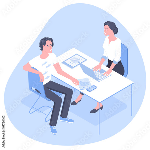 Young managers discussing issues in office