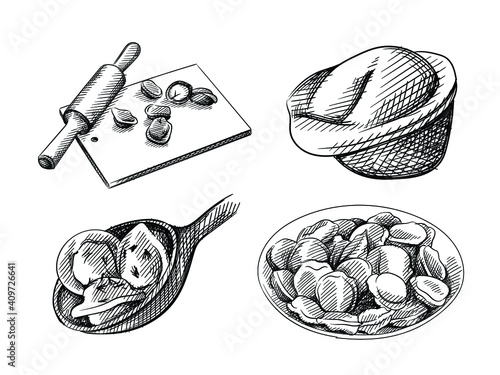 Hand drawn sketch of dumplings of different shapes. Cooking dumplings. Board with dumplings and rolling pin, plate with dumplings, dumplings on a spoon
