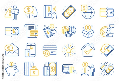 Money wallet line icons. Update credit card, Contactless payment and Piggy bank linear icons. Online payment, Dollar exchange and Fast money send. Private pay, Blocked credit card and Wallet. Vector
