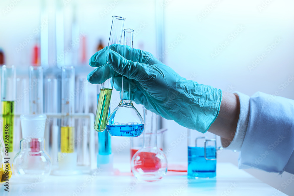 Fototapeta premium The laboratory assistant holding test tube