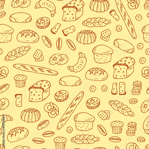 Bread products. Hand drawn Doodles Bakery - Vector Seamless pattern 