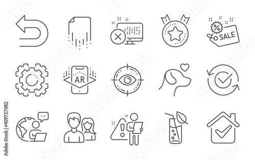 Eye target, Water glass and Pets care line icons set. Approved, Augmented reality and Ranking star signs. Recovery file, Sale and Seo gear symbols. Reject access, Undo and Teamwork. Vector