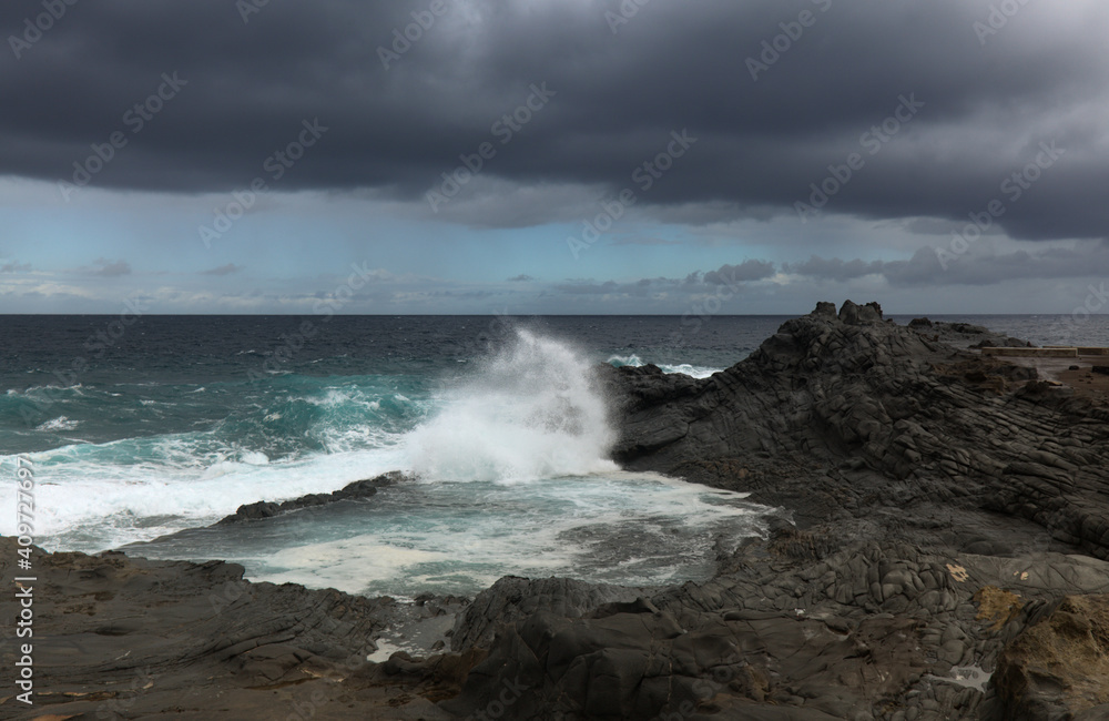 Fototapeta premium Gran Canaria, north coast, powerful ocean waves brought by winter wind storm 