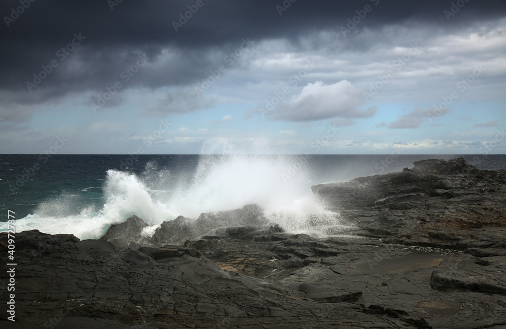 Gran Canaria, north coast, powerful ocean waves brought by winter wind storm
