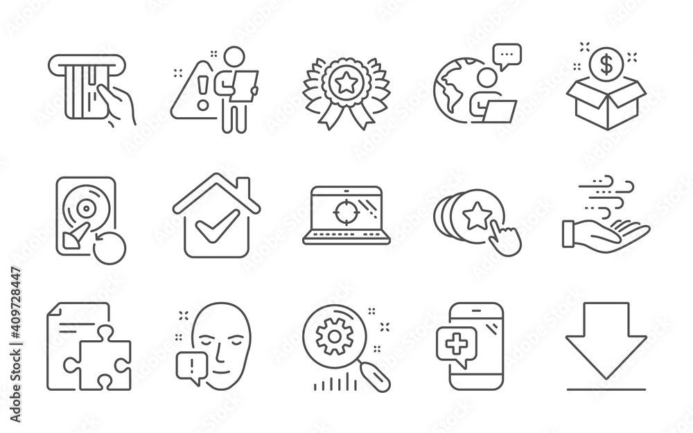Strategy, Wind energy and Search statistics line icons set. Seo laptop, Face attention and Credit card signs. Hold heart, Recovery hdd and Medical phone symbols. Line icons set. Vector